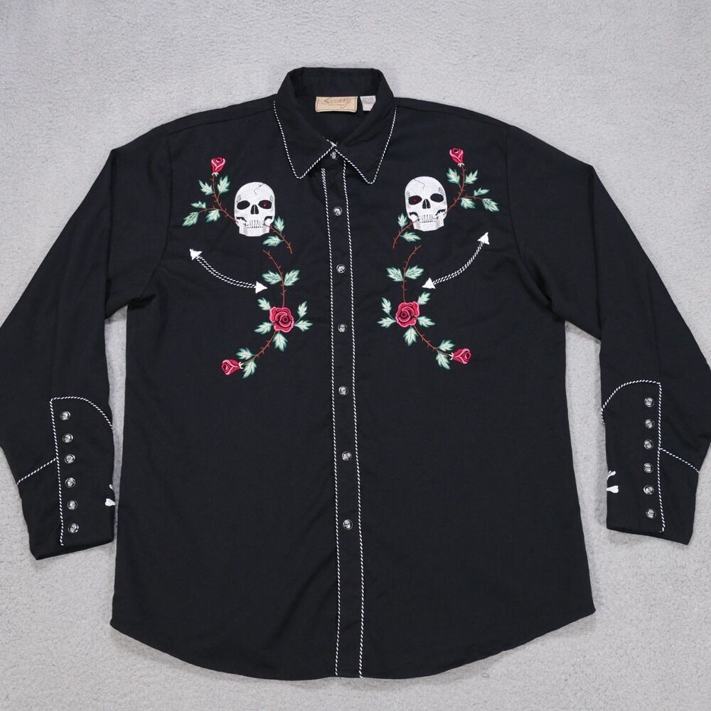 Scully Western Embroidered Snap Shirt Mens Size Large Rockabilly Skulls Roses